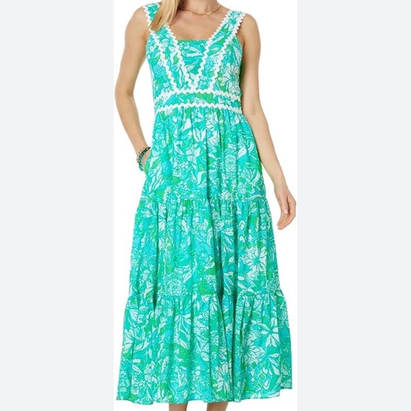 Lilly Pulitzer Pollie Cotton Midi Dress in Botanical Green Safari Print. - Picture 13 of 13